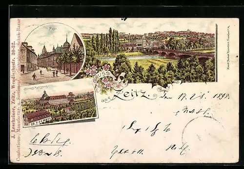 Lithographie Zeitz, Teilansicht mit Brücke, Schloss Moritzburg, Post