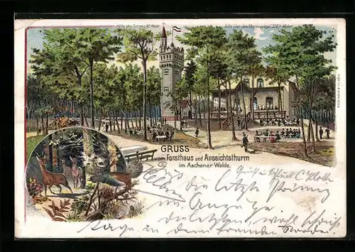 Lithographie Aachen, Gasthof Forsthaus und Aussichtsthurm im Aachener Walde