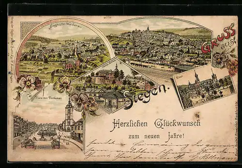 Lithographie Siegen, Post, Platz mit Denkmal, Schloss