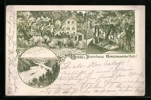 Lithographie Grosshesselohe /Roith, Gasthaus Brunnhaus, Garten, Uferpartie mit Brücke