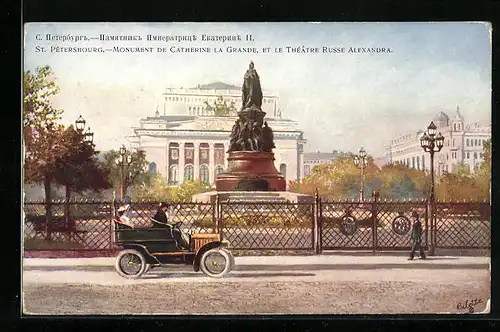 Künstler-AK St.-Petersbourg, Monument de Catherine la Grande et le Theatre Russe Alexandra