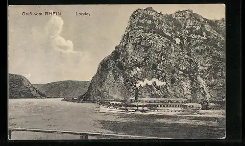 AK Loreley, Ausflugsdampfer auf dem Rhein unter dem Felsen