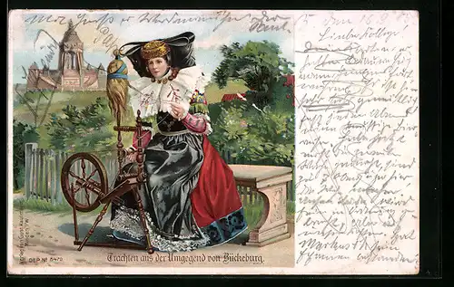 Lithographie Bückenburgerin am Spinnrad in Schaumburg-Lippischer Landestracht