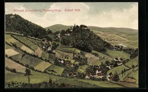 Künstler-AK Schaumburg /Wesergebirge, Ortsansicht aus der Vogelschau