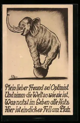 AK Mein lieber Freund sei Optimist..., Elefant balanciert auf einem Ball