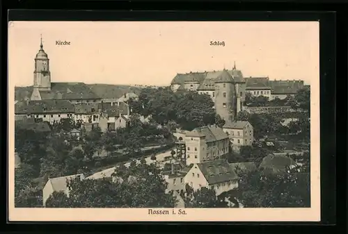 AK Nossen i. Sa., Ortspartie mit Kirche und Schloss