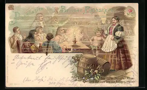 Lithographie Bremen, Szene im Rathskeller mit Jungfer Rose und Bachus