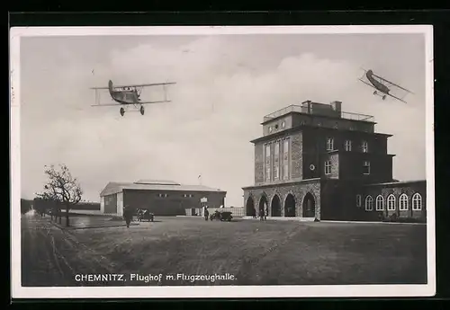 AK Chemnitz, Flughof mit Flugzeughalle, Doppeldeckerflugzeuge