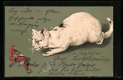 Präge-Lithographie Katze pirscht sich an Harlekin-Puppe heran