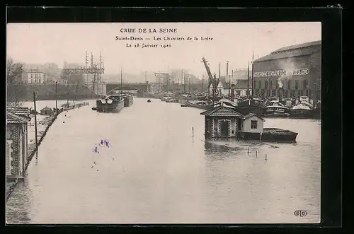 AK Saint-Denis, crue de la seine 1910, les chantiers de la loire
