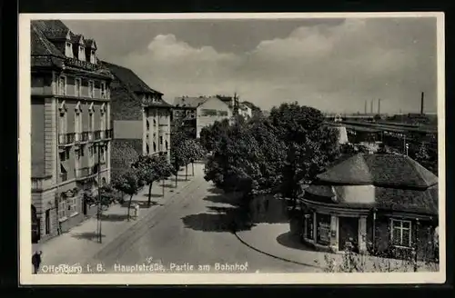 AK Offenburg i. B., Hauptstrasse, Partie am Bahnhof aus der Vogelschau