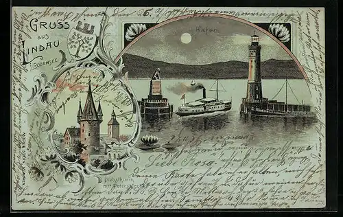 Mondschein-Lithographie Lindau i. Bodensee, Hafen, Diebsthurm mit Peterskirche