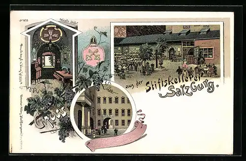 Lithographie Salzburg, Gasthaus Stiftskellerei, Inneres Haydn Stübel, Eingang