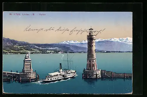 AK Lindau, Hafenausfahrt mit Leuchtturm