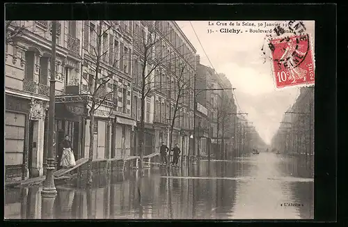 AK Clichy, La Crue de la Seine, Boulevard National