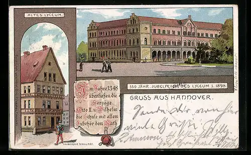 Lithographie Hannover, Altes Lyceum, Fahrender Scholare, Festpostkarte zum 550-jährigen Jubiläum