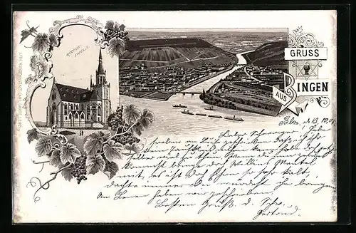 Lithographie Bingen a. Rh., Rochus Kapelle, Panorama