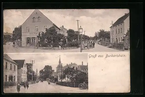 AK Burkartshain, Ortspartie mit Geschäftshaus Bruno Feiste, Strassenpartie mit Kirche