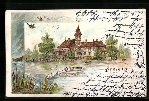 Lithographie Bremen, Uferblick zum Restaurant Kaffeehaus am Emmasee