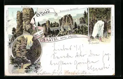 Lithographie Bastei, Basteibrücke u. -felsen, Felsenthor Uttewalder Grund