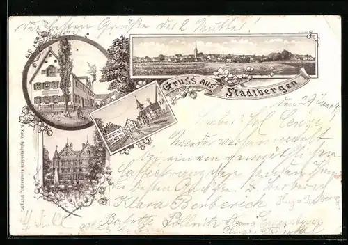 Lithographie Stadtbergen, Panorama, Impressionen aus dem Ort