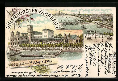 Lithographie Hamburg-Uhlenhorst, Gasthaus Uhlenhorster-Fährhaus, Binnenalster