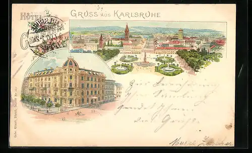 Lithographie Karlsruhe, Hotel Germania, Schloss mit Denkmal