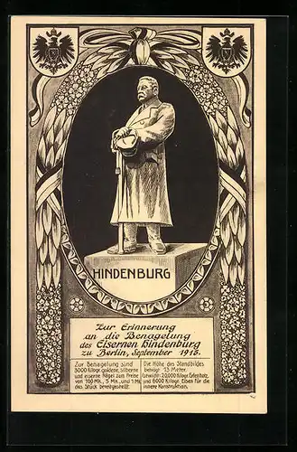 Künstler-AK Berlin, Zur Erinnerung an die Benagelung des Eisernen Hindenbrug 1915, Hindenburg-Denkmal