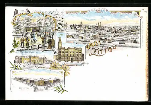 Winter-Lithographie Zittau, Weinau Restaurant mit Reich, Mandau-Kaserne, Rathaus