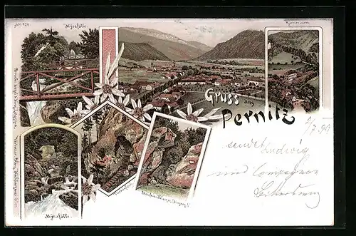 Lithographie Pernitz, Gasthaus Karnerwirt, Türkenjoch, Myrafälle