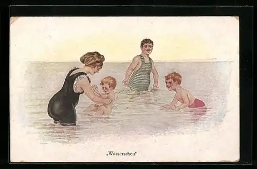 AK Wasserscheu, Frau im Badeanzug spielt mit ihren Kindern