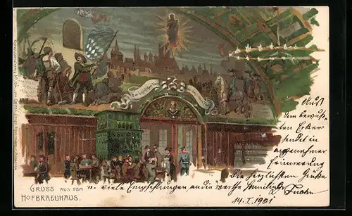 Lithographie Münchner Hofbräuhaus mit Wandgemälde und Gästen