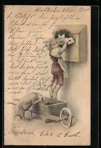 AK Kind auf Bollerwagen mit neugierigem Schwein steckt einen Brief in den Kasten