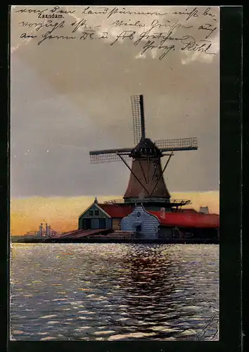 Künstler-AK Photochromie Nr. 2961: Zaandam, Uferpartie mit Windmühle