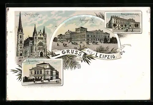 Lithographie Leipzig, Peterskirche, Reichsgericht u. Konzerthaus