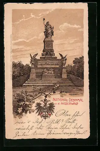 Lithographie Rüdesheim, National-Denkmal auf dem Niederwald