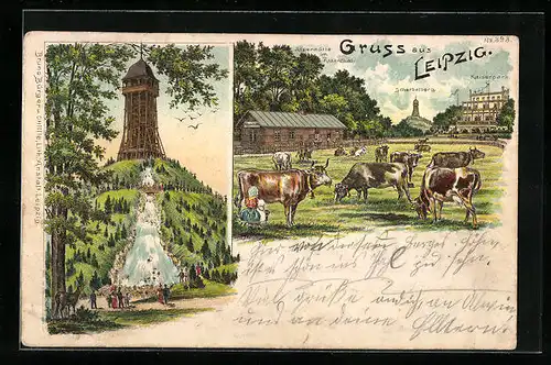 Lithographie Leipzig, Alpenhütte im Rosenthal, Kaiserpark, Scherbelberg