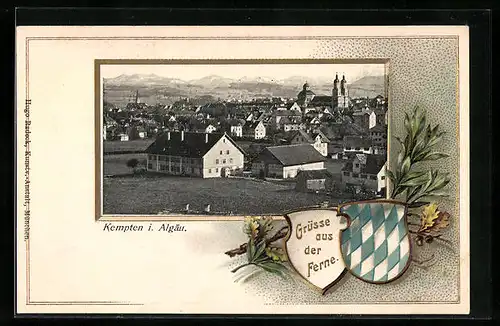 Passepartout-Lithographie Kempten i. Allgäu, Teilansicht, Wappen