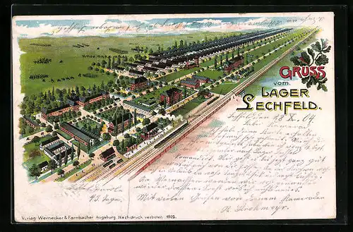 Lithographie Lager Lechfeld, Gesamtansicht vom Lager