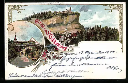 Lithographie Bregenz /Bodensee, Gasthaus auf dem St. Gebhardsberg