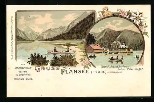 Lithographie Plansee, Gasthof und Pension Zur Forelle