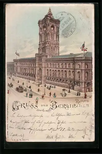 Lithographie Berlin, Rotes Rathaus mit beleuchteten Fenstern, Königstrasse