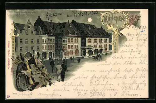 Lithographie Münchner Hofbräuhaus mit Münchner Kindl