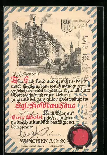 Präge-AK München, Münchner Hofbräuhaus, Trinkerurkunde