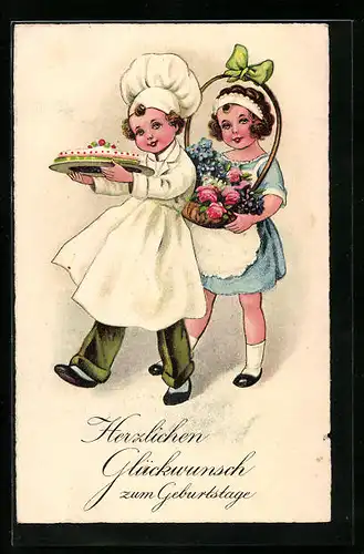 AK Bäcker mit Kuchen und Dienstmädchen, Geburtstagsgruss