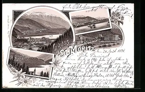 Lithographie St. Moritz, Gesamtansicht, Badstrasse