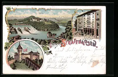 Lithographie Schaffhausen, Hotel Nationale vis a vis vom Bahnhof, Rheinfall