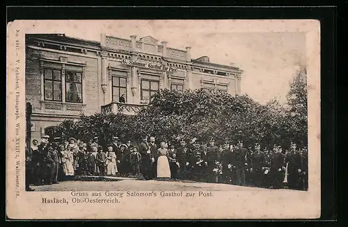 AK Haslach, Georg Salomons Gasthof zur Post, Gruppenfoto mit Militär