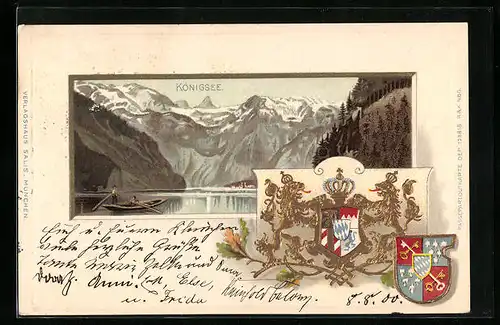 Passepartout-Lithographie Königsee, Teilansicht mit Boot, Wappen