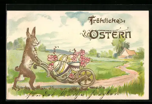 AK Osterhase schiebt Osterei-Schubkarren